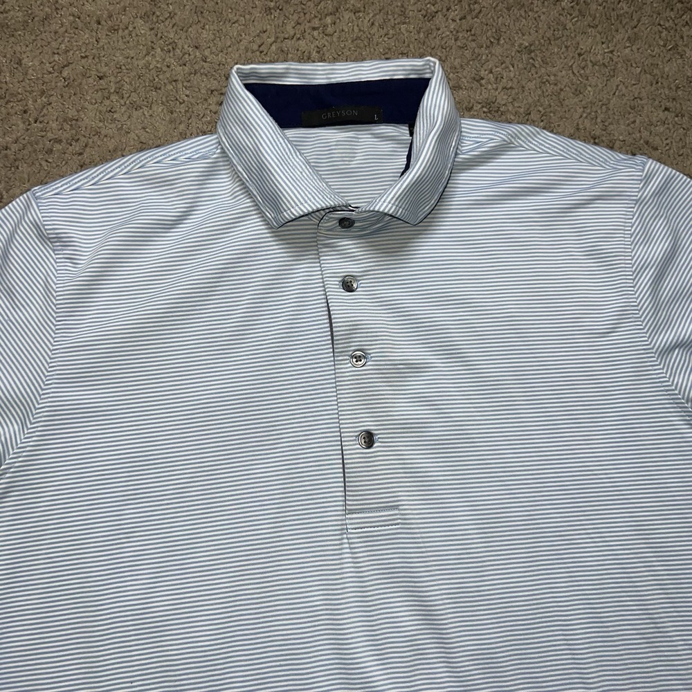 Greyson Polo Men's sz Large button down collar periwinkle blue & white stripes